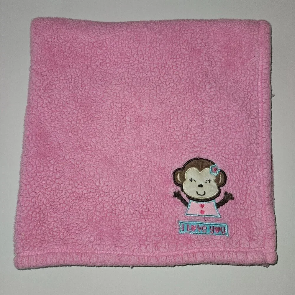 Cutie Pie Pink Monkey Fleece Baby Blanket Lovey I Love You 30x30